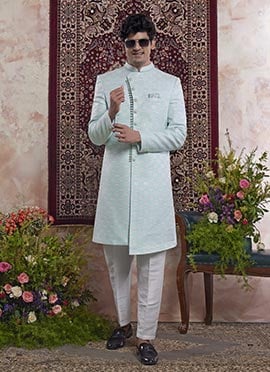 Sea Green Banarasi Jacquard Indowestern Sherwani