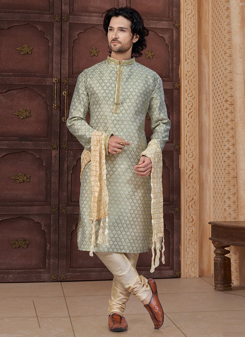 Sea Green Banarasi Jacquard Silk Kurta Pyjama Festive Wear