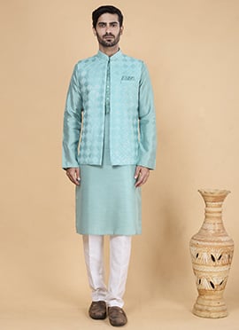 Sea Green Banarasi Silk Embroidery Work Jacket Bandi Set