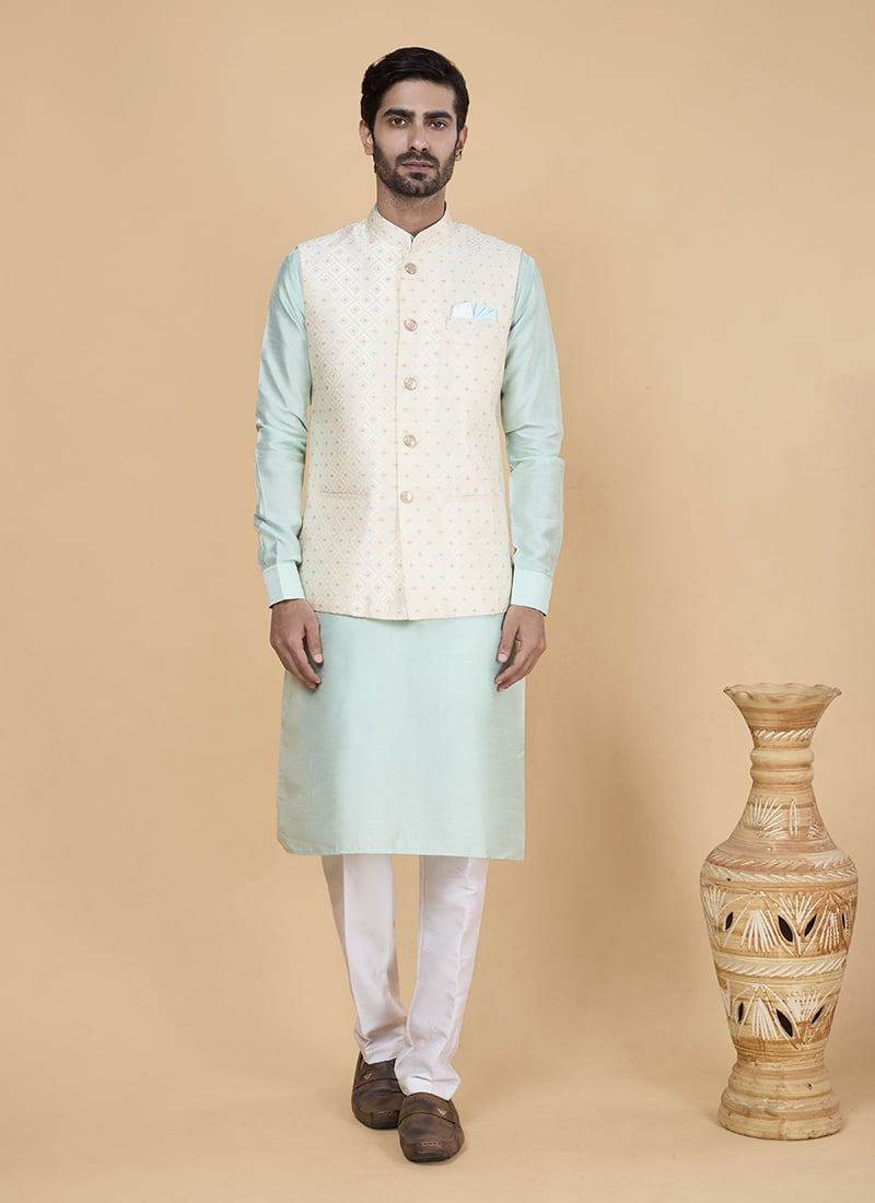 Sea Green Banarasi Silk Embroidery Work Jacket Bandi Set Festive Wear