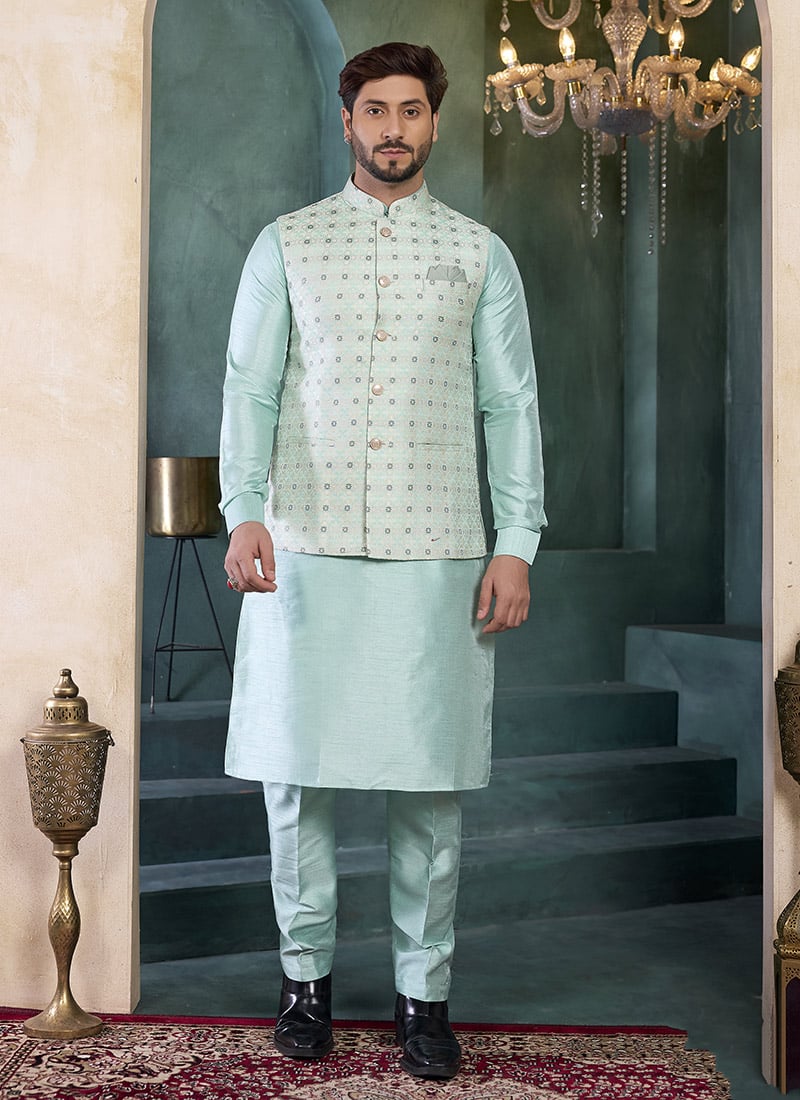 Sea Green Banarasi Silk Jacquard Bandi Set Festive Wear