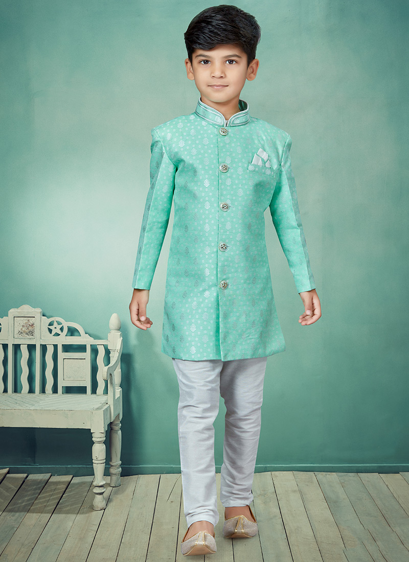 Sea Green Banarasi Silk Jacquard Indowestern Sherwani Party Wear