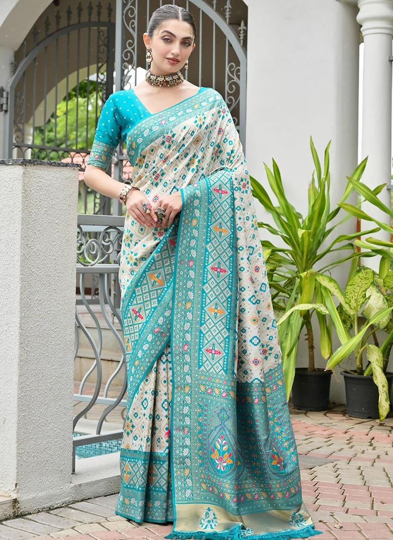 Sea Green Banarasi Silk Zari Jacquard Woven Ikkat Print Saree After Six Wear