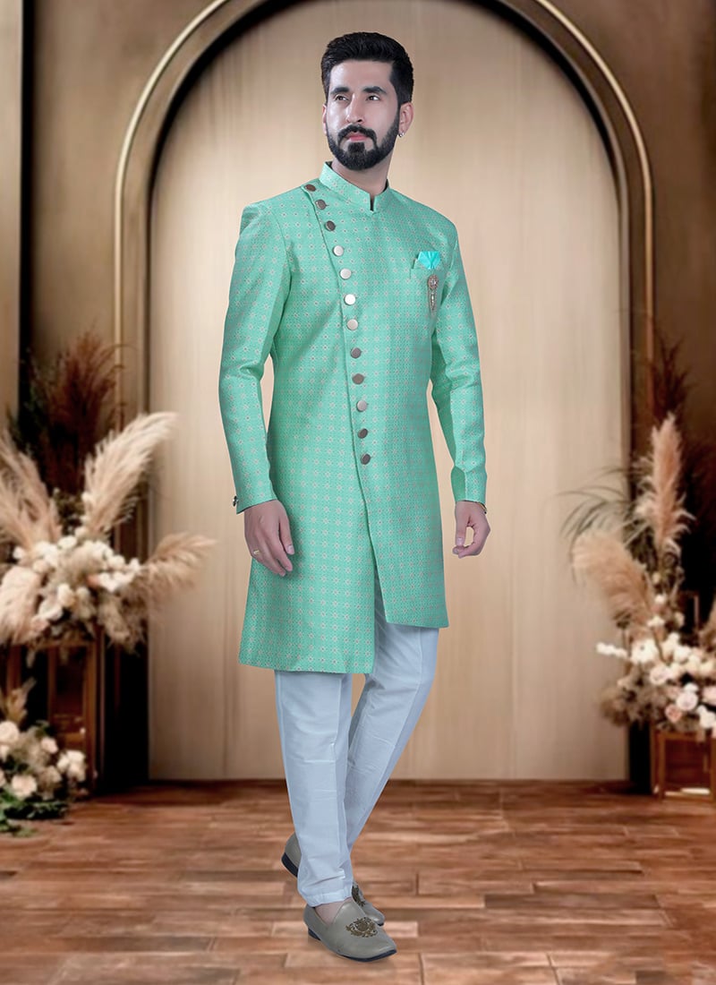 Sea Green Brocade Zari Work Indowestern Sherwani  For Men Wedding Wear