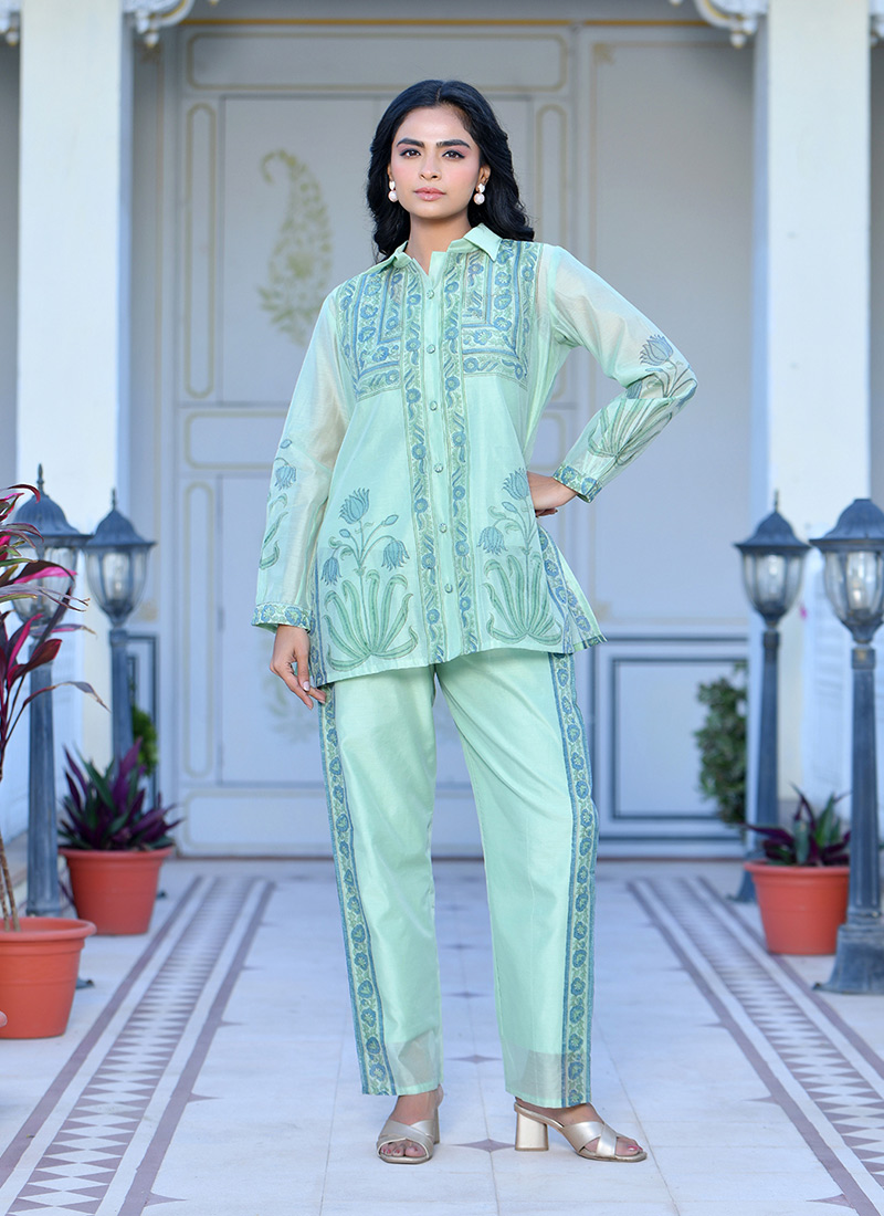 Sea Green Chanderi Block Print Indowestern Co ord Set