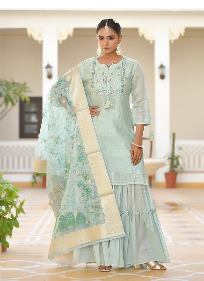 Sea Green Chanderi Floral Printed Embroidered Sharara Suit