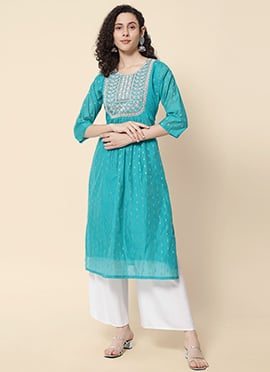 Sea Green Chanderi Modal Embroidered Long Kurti