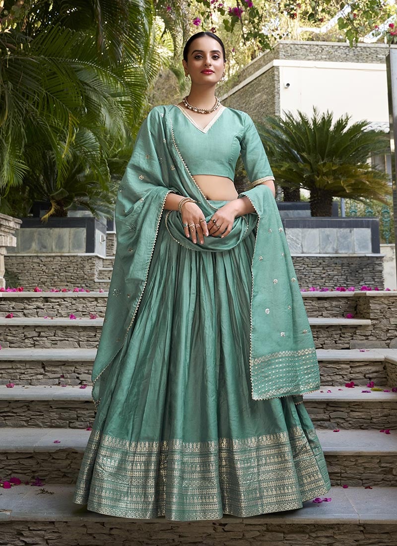 Sea Green Chanderi Silk Zari And Gota Work Lehenga Festive Wear