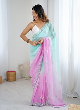 Sea Green Chiffon Crush Beads And Sequins Embellished Saree