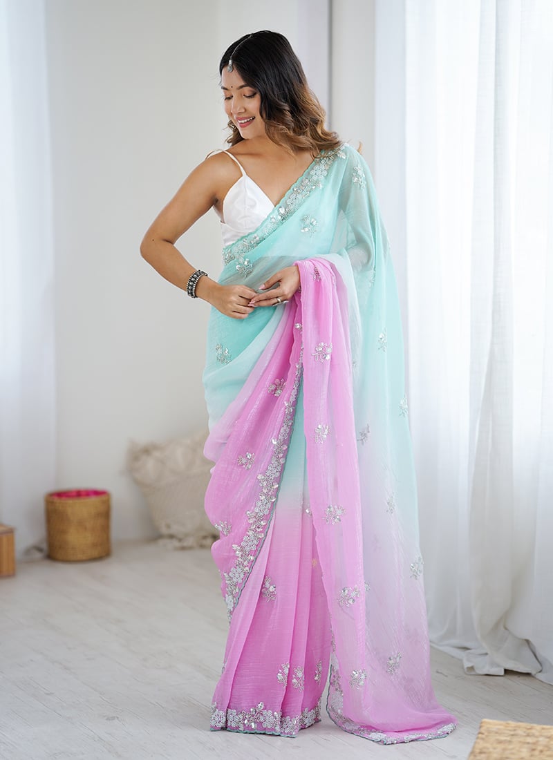 Sea Green Chiffon Crush Beads And Sequins Embellished Saree After Six Wear