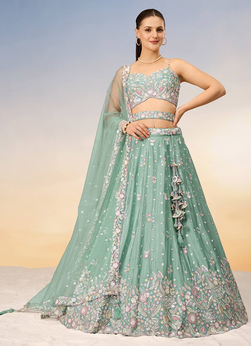 Sea Green Chiffon Embroidered Sequins A Line Lehenga For Chic Indian Women