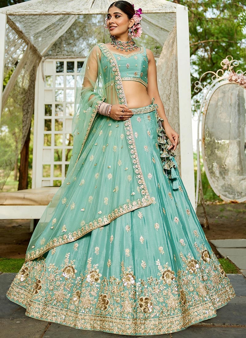 Sea Green Chiffon Embroidered Sequins Lehenga Wedding Wear