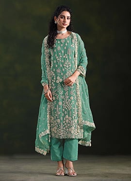 Sea Green Chiffon Zari Embroidered Sequins Straight Pant Suit