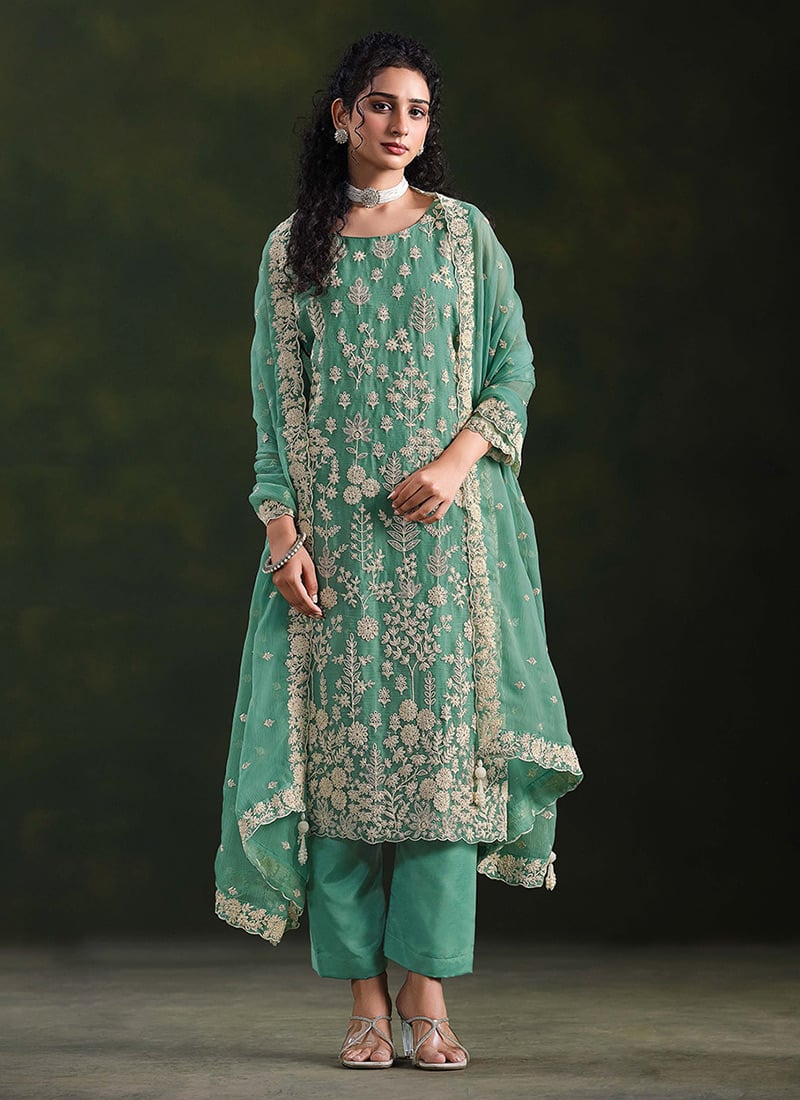 Sea Green Chiffon Zari Embroidered Sequins Straight Pant Suit Festive Wear