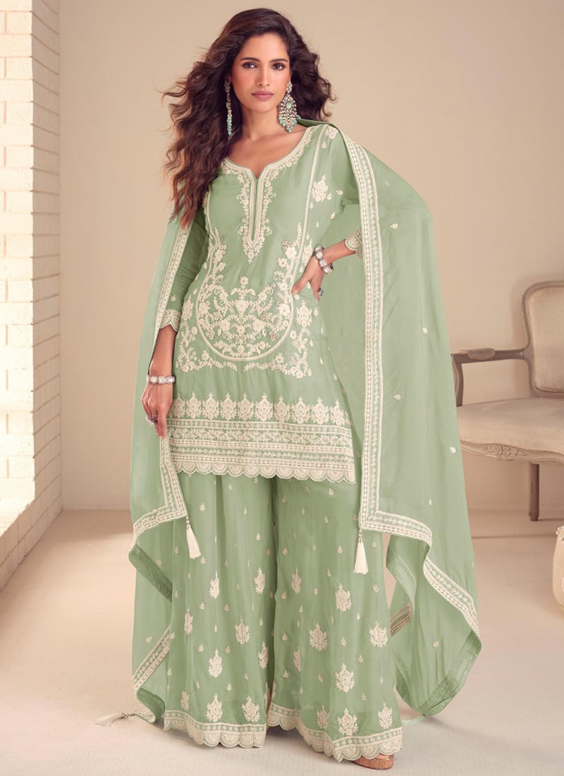 Sea Green Chinon Embroidered Hand Work Palazzo Suit Festive Wear
