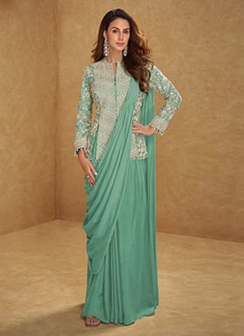 Sea Green Chinon Embroidered Mirror Work Sequins Hand Work Saree