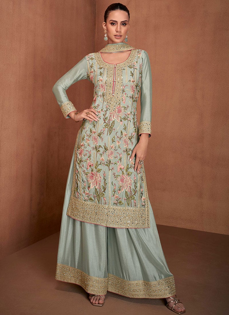 Sea Green Chinon Embroidered Sequins Classy Pakistani Palazzo Suit Festive Wear