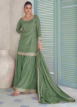 Sea Green Chinon Embroidered Sequins Palazzo Suit