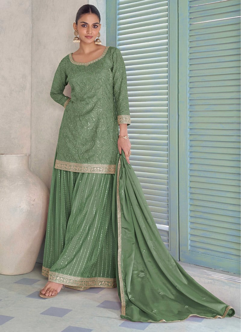 Sea Green Chinon Embroidered Sequins Palazzo Suit Festive Wear