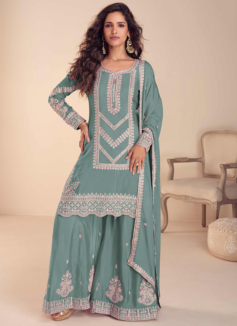 Sea Green Chinon Embroidered Sequins With Beads Work Pakistani Palazzo Suit Festive Wear