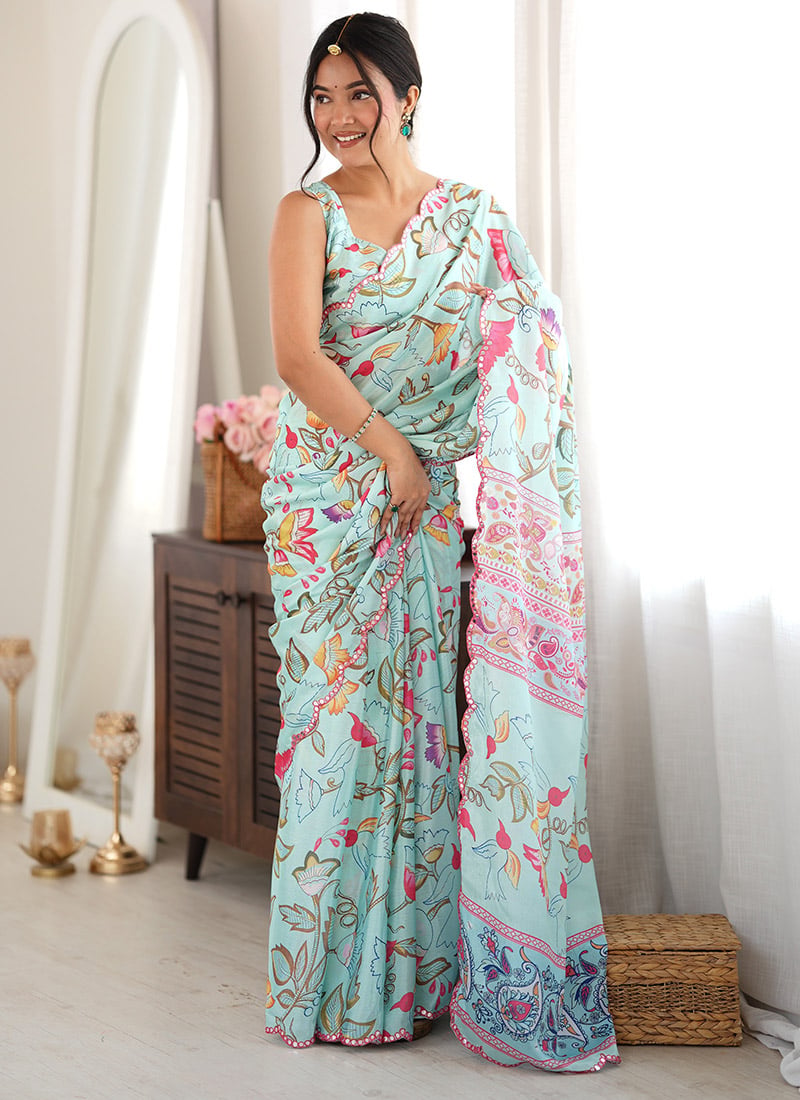 Sea Green Chinon Mirror Work Printed Saree After Six Wear