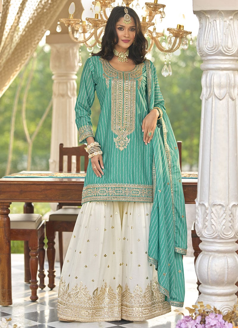 Sea Green Chinon Palazzo Suit With Sequins Embroidery And Bandhani Print Festive Wear