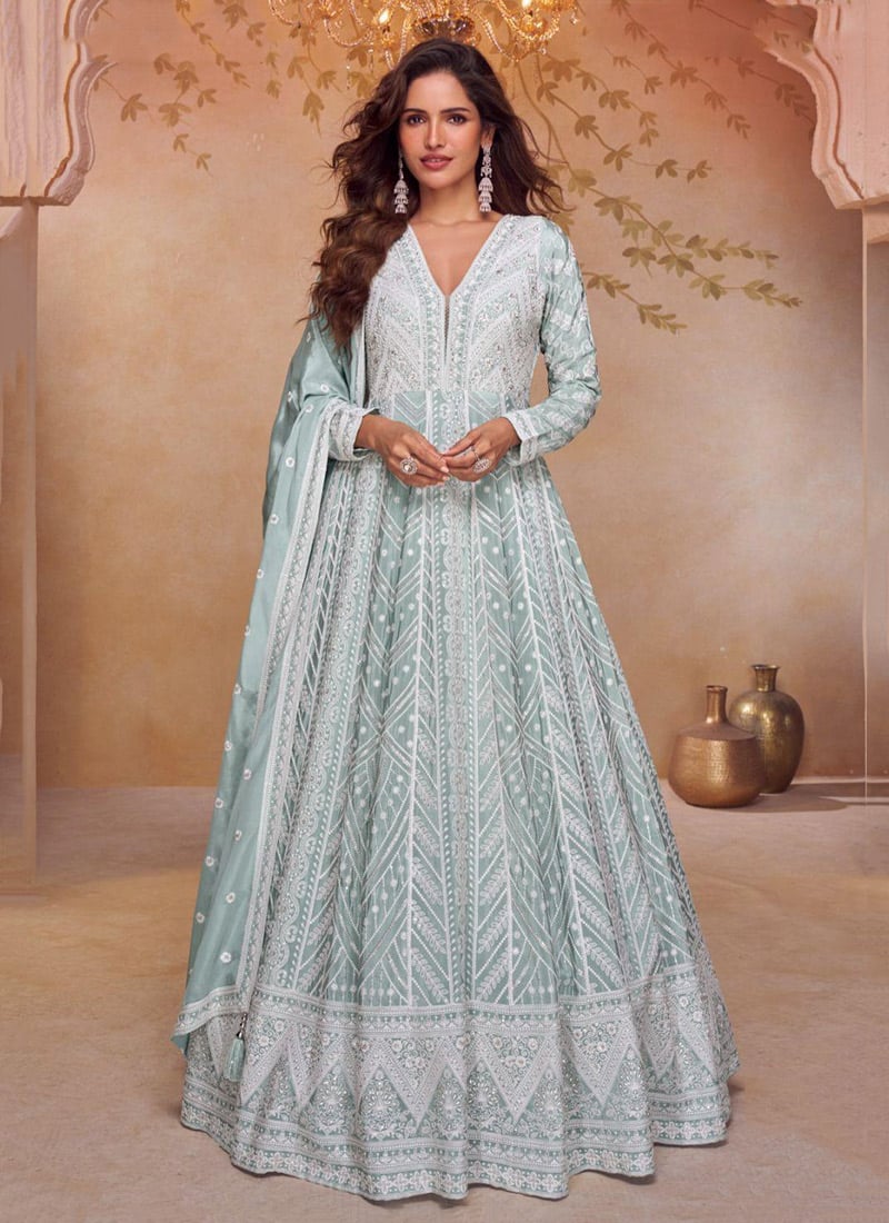 Sea Green Chinon Sequins Embroidered A Line Anarkali Suit Festive Wear