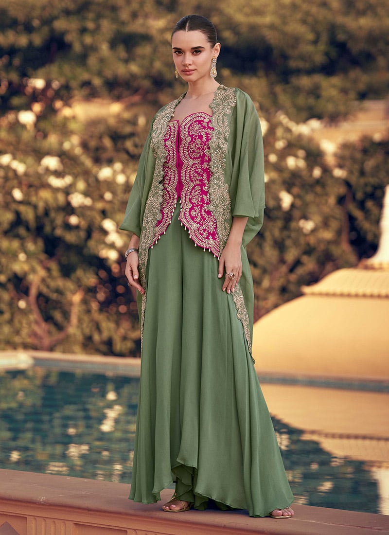 Sage Green Chinon Silk Embroidered Sequins Beads Work Indowestern Jacket Palazzo Set