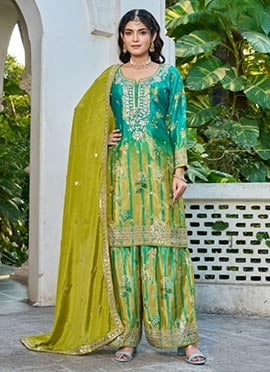 Sea Green Chinon Silk Floral Printed With Hand Embroidered Palazzo Suit