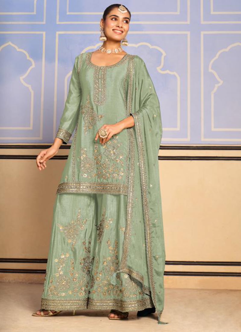 Sea Green Chinon Silk Hand Embroidered Sequins With Mirror Work Sequins Palazzo Suit Festive Wear