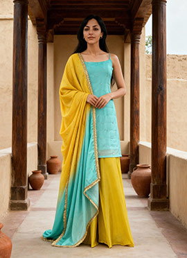 Sea Green Chinon Silk Sequins Palazzo Suit