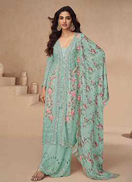 Sea Green Chinon Silk Thread Embroidered Sequins With Mirror Work Palazzo Suit
