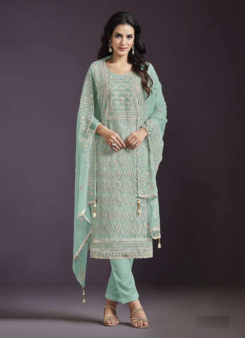 Sea Green Chinon Zari Embroidered Sequins Pakistani Straight Pant Suit Festive Wear