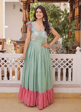 Sea Green Cotton Beads And Sequins Stunning Anarkali Gown