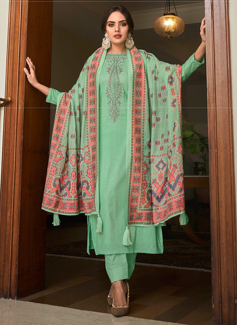 Sea Green Cotton Digital Print Embroidered Straight Pant Suit After Six Wear