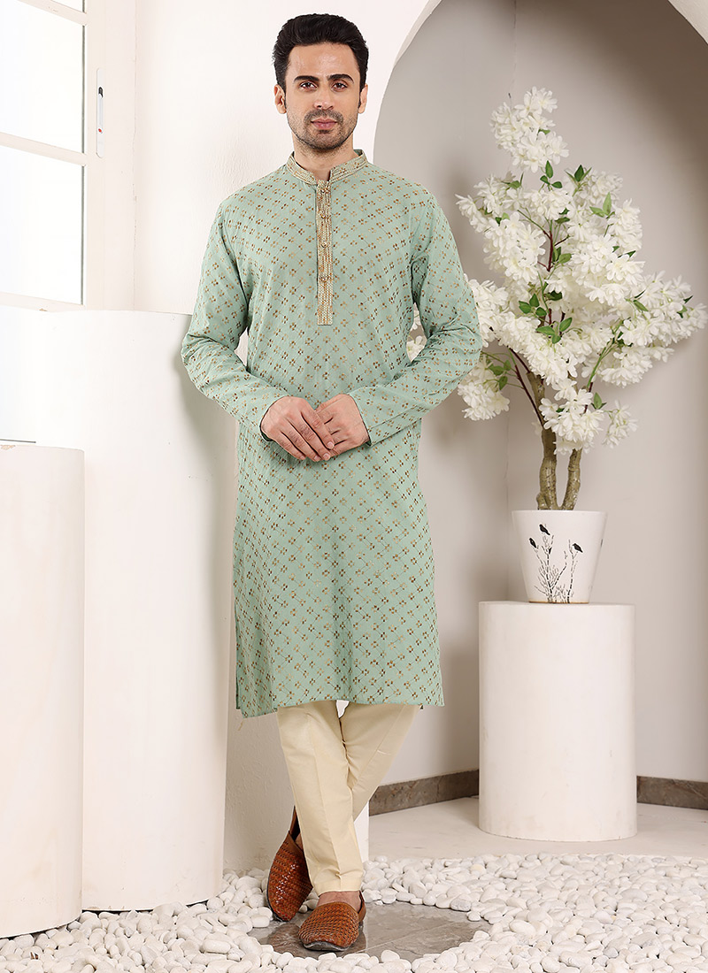 Sea Green Cotton Embroidered Kurta For Men