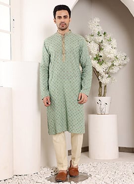 Sea Green Cotton Embroidered Kurta Pyjama