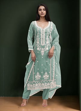 Sea Green Cotton Embroidered Straight Pant Suit