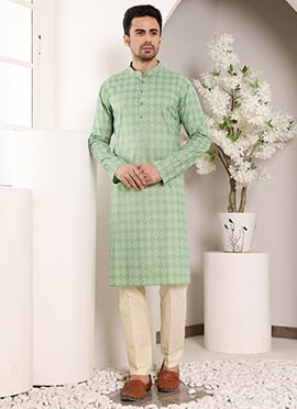 Sea Green Cotton Foil Print Kurta Pyjama