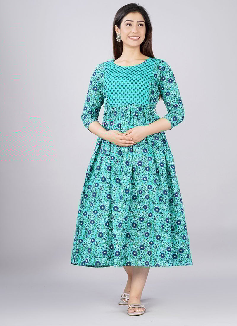 Sea Green Cotton Printed Dress After Six Wear