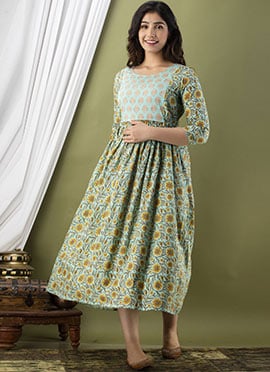 Sea Green Cotton Printed Dress