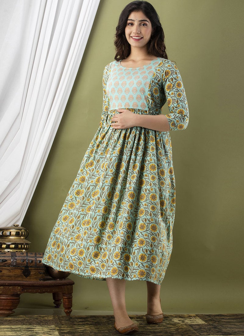 Sea Green Cotton Printed Dress After Six Wear