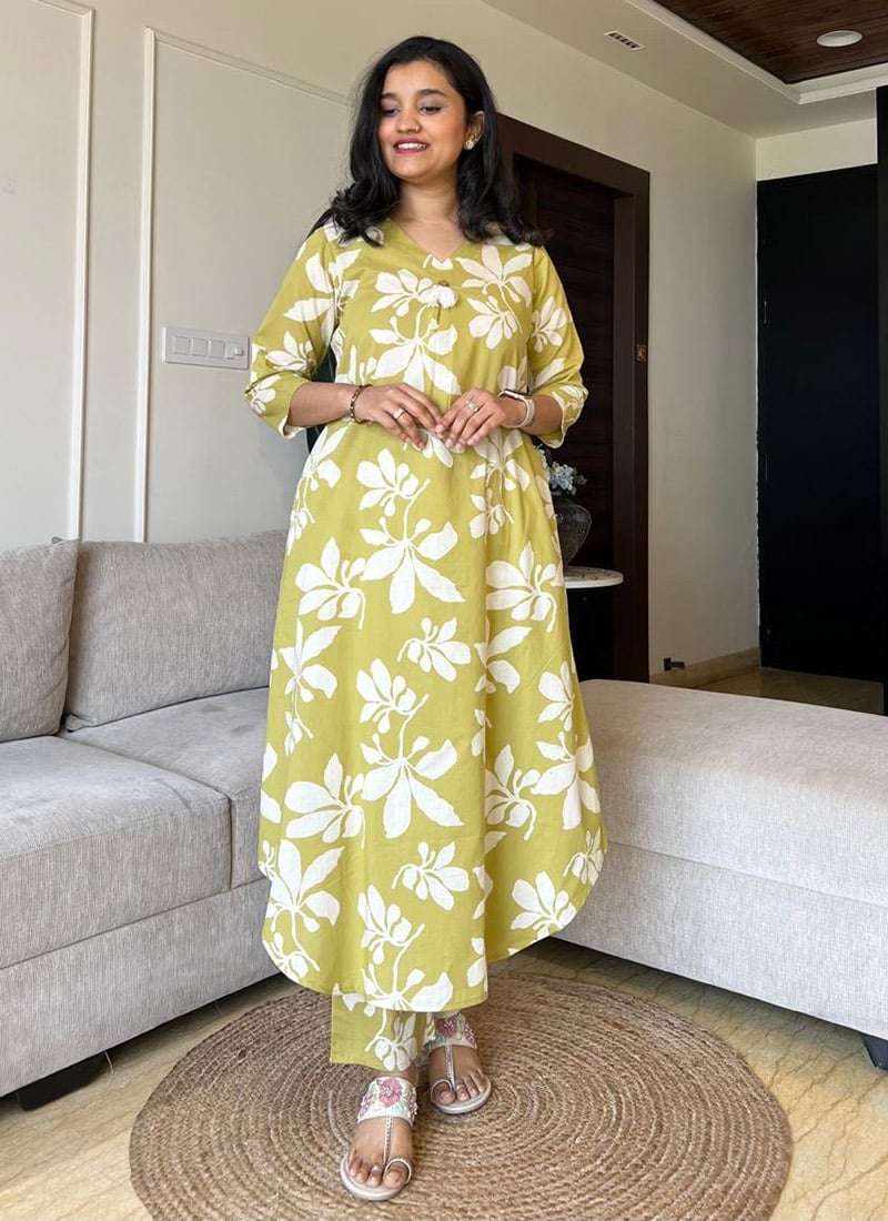 Sea Green Cotton Printed Kurta Straight Pant Set After Six Wear