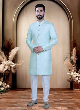 Sea Green Cotton Silk Sequins Indowestern Sherwani  For Men