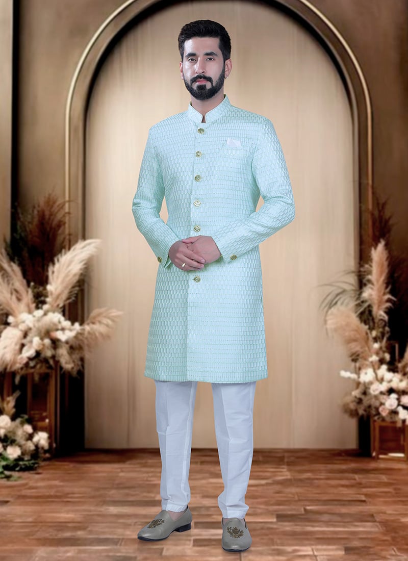 Sea Green Cotton Silk Sequins Indowestern Sherwani  For Men Wedding Wear