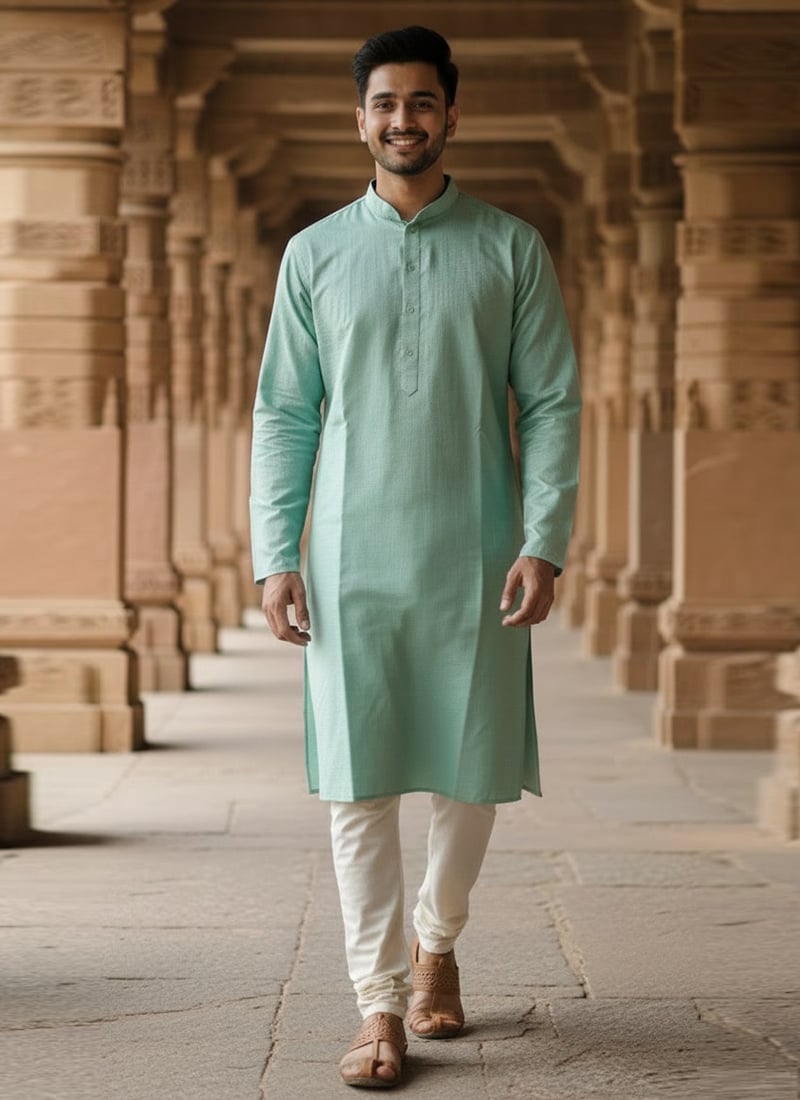 Sea Green Cotton Textured Kurta Pyjama Festive Wear