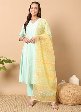 Sea Green Cotton Zari Work Straight Pant Suit