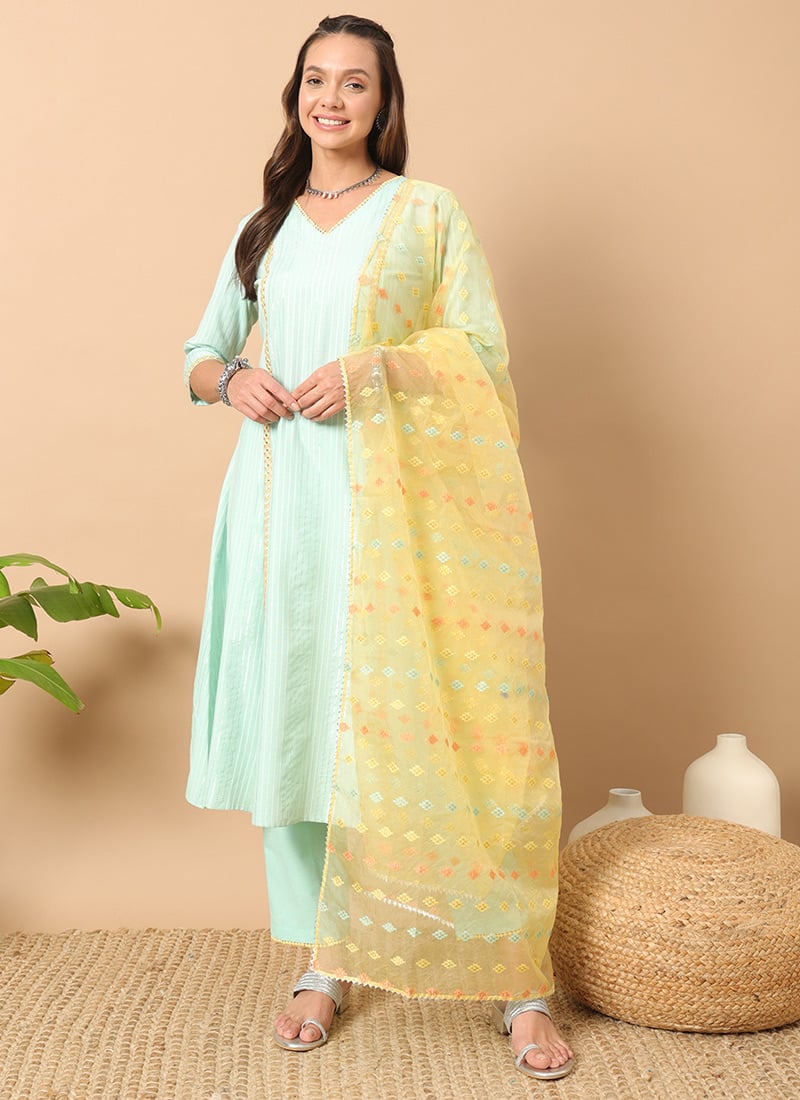 Sea Green Cotton Zari Work Straight Pant Suit After Six Wear