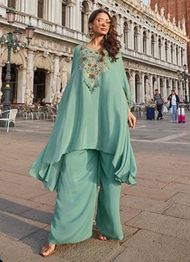 Sea Green Crepe Silk Zari Beads Sequins Zardosi Thread Embroidered Indowestern Suit