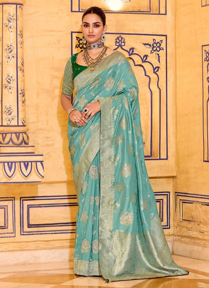 Sea Green Crepe Silk Zari Jacquard Floral Woven Saree Festive Wear